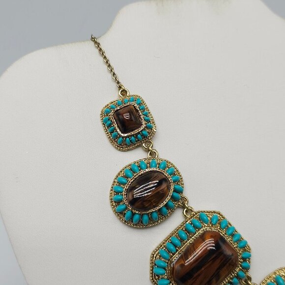Vintage 1980s Ethnic Big Bold Link Necklace With Tigers Eye Stones Aqua Beads - Picture 2 of 7